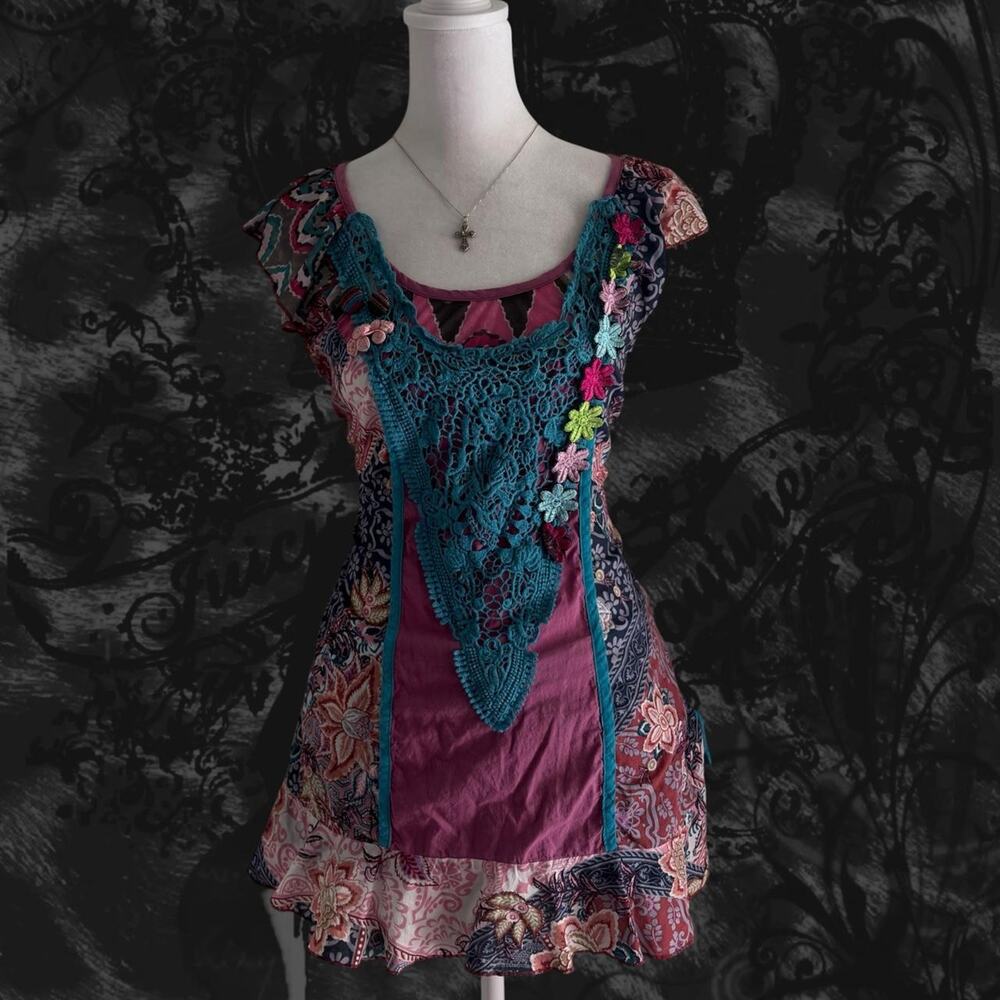 mixed patchwork floral and paisley pink and light blue fairy boho whimsical top